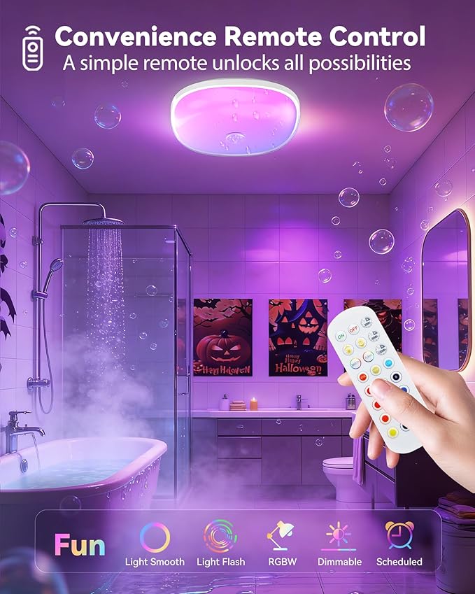 IP65 Waterproof Rechargeable Shower Light - 6″ 300LM Bright, 16 Colors Bathroom Mood Lighting with Touch & Remote, Magnetic Wireless Ceiling/Wall Light for Inside Shower/Bathtub