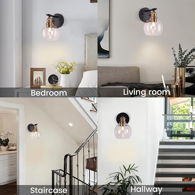 1-Light Bathroom Wall Sconce, Matte Black and Gold Vanity Light, Modern Wall Light Fixture with Seeded Glass Shade and E26 Bulb Base, Wall Lamp Wall Mount Light Fixtures for Mirror, Bedroom, Hallway