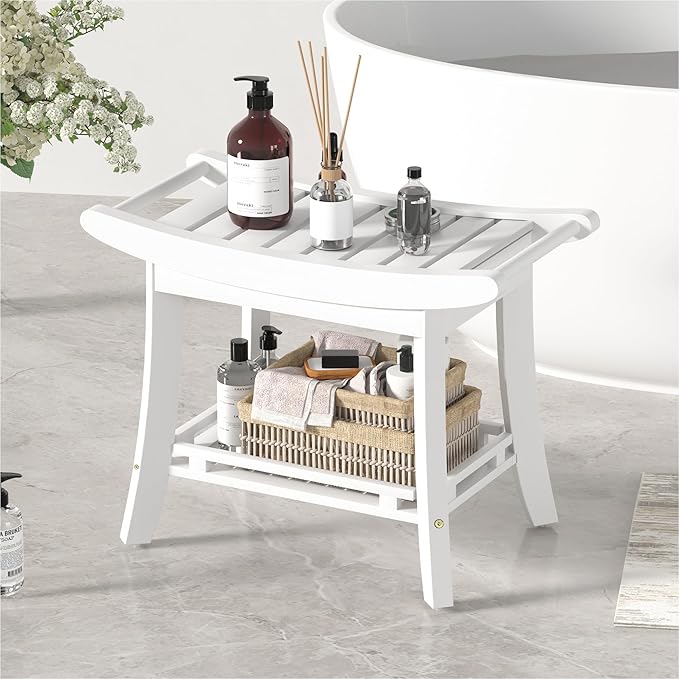 Bamboo Shower Bench Chair Bathroom Shower Stool Seat for Inside Shower Bathtub with Storage Shelf Shower Foot Rest for Shaving Legs 25.2 x 13 x 19.2 Inches White