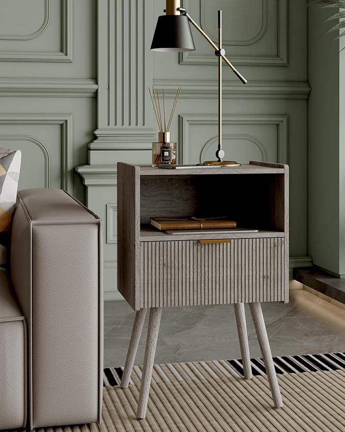 Nightstand,Modern Bedside Table with Storage Drawer and Open Wood Shelf, Accent Night Stand with Solid Wood Legs for Living Room, Bedroom and Small Spaces,Easy Assembly (Grey Oak)