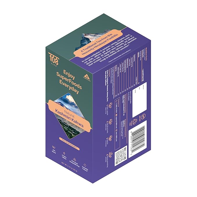 108 LIFE Natural Kashmiri Kahwa Herbal Tea | Rich in Antioxidants | 100% Natural | With Plant-Based Biodegradable Pyramid Tea Bags | 30 Tea Bags Pack