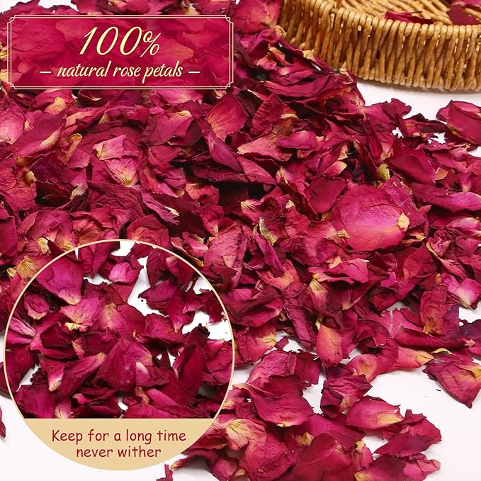 300+ PCS Biodegradable Red Rose Petals Wedding Confetti, 20+ Cups Dried Flower Petals for Valentine's Day, Bath, Bridal Shower, Soap, Candle Making, Mother's Day Presents and Bridal（2 QT）