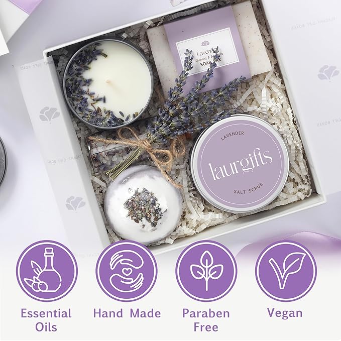 Lavender Spa Gift Set & Basket for Women – Relaxing Self Care Package with Candle, Bath Bomb, Soap & Scrub – Birthday, Thank You, Christmas, Housewarming, Bridal Shower, Get Well Soon Gifts
