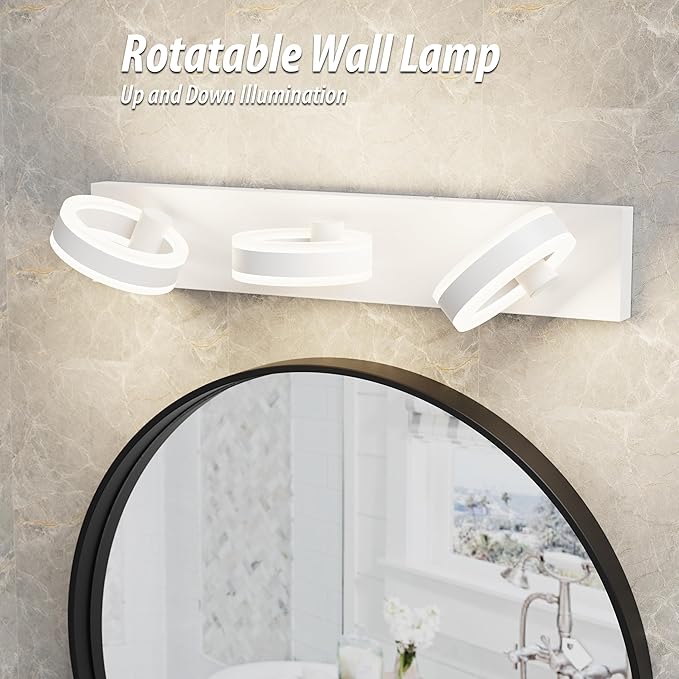 LED Bathroom Light Fixtures, 24inch White Vanity Lights, Modern 3 Light Acrylic Wall Sconces, 350° Rotatable Wall Lighting Fixture Over Mirror