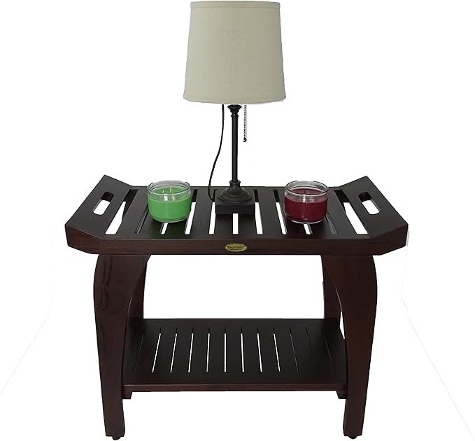 DecoTeak Tranquility 30 Inch Extended Height Brown Waterproof Teak Wood Shower Bench Stool Seat Chair for Inside Shower Storage Shelf Provides Safety Storage and Organization for Bathroom Accessories