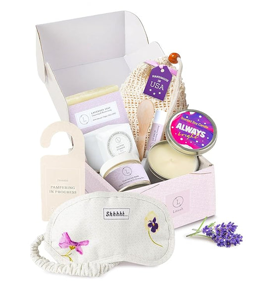 Lizush Luxury Spa Gifts for Women – 7 Piece Lavender Gift Set with Candle, Gift Baskets for Women, Body Care Set for Mom, Birthday Box, Relaxation & Self Care Spa Kit for Wife – Handmade in the USA
