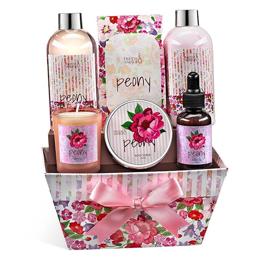 Bath and Body Gift Set for Women with Shower Gel, Body Lotion, Body Scrub, Body Oil, Bath Salt, and Scented Candle – Perfect Spa Gift (Peony Floral)