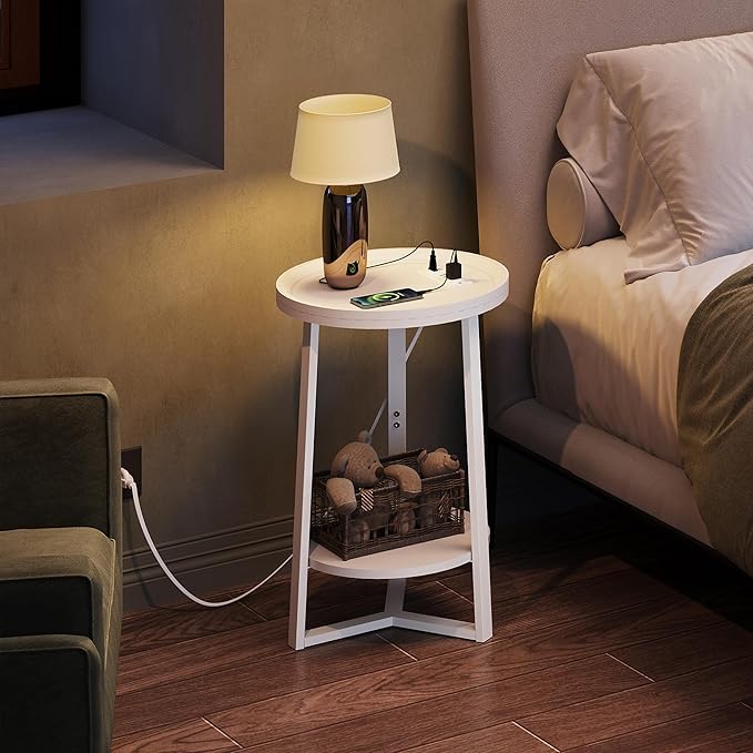 WLIVE Round End Table with Charging Station, 2 Tier Side Table for Living Room/Bedroom, Round Nightstand with Storage Shelf, Small Spaces, Wood Tabletop & Metal Frame, White