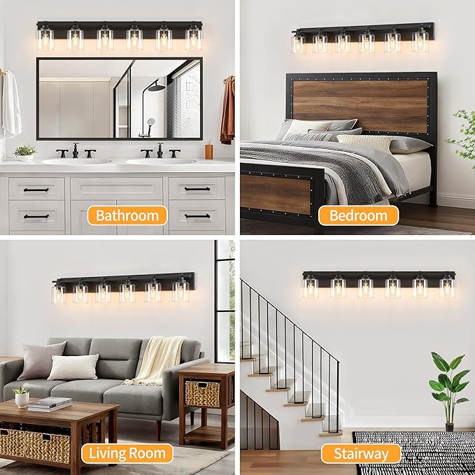 6 Light Modern Bathroom Light Fixtures Over Mirror, Black Vanity Lights for Bathroom Wall Sconces with Clear Glass Shades, E26 Socket (Bulbs Not Included)