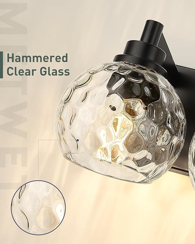 Bathroom Light Fixtures Over Mirror, 3-Light Matte Black Vanity Light with Clear Hammered Glass Globe Shade, Modern Sconces Wall Lighting for Bedroom Hallway, VL200-MB-3