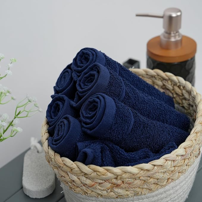 Tens Towels Pack of 60 Washcloths, 12 x 12 Inches, Lighter Weight, Quick to Dry, Super Soft & Absorbent, Gentle Face Towels, Hotel Quality, Perfect for Bathroom, Gym, Spa (Navy, 60 Pack)