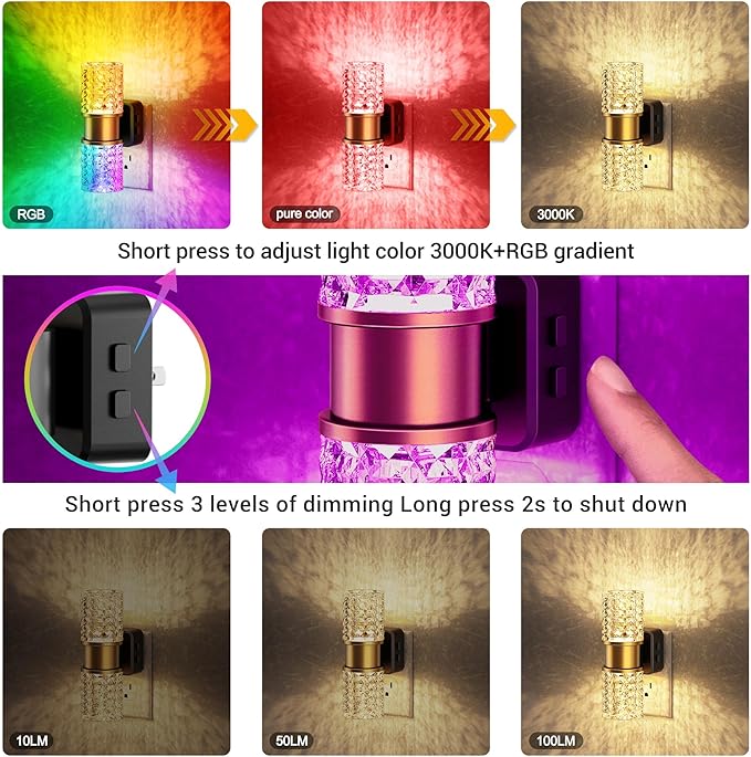 JandCase Night Lights Plug into Wall,Color Changing Night Light for Kids, 3000K+RGB LED Nightlight with Dusk to Dawn Sensor, 10/50/100LM Adjustable Brightness for Rooms Decor