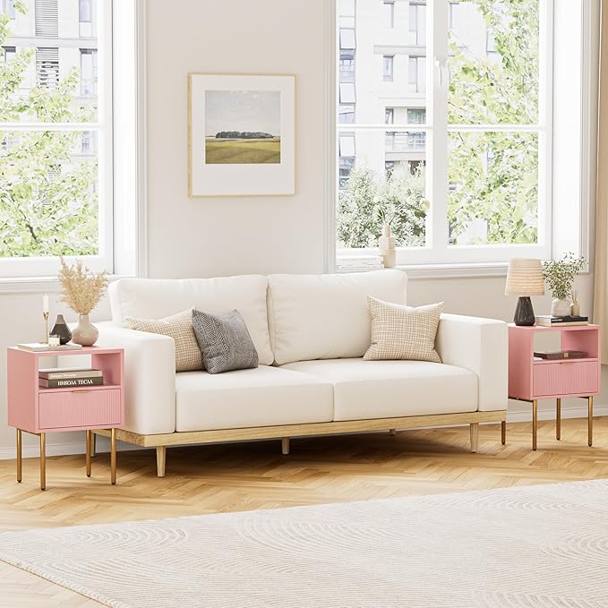 Masupu Night Stand,Mid-Century Modern Bedside Table with Storage Drawer and Open Wood Shelf,Small Gold Frame Side Table for Bedroom,Living Room, Pink