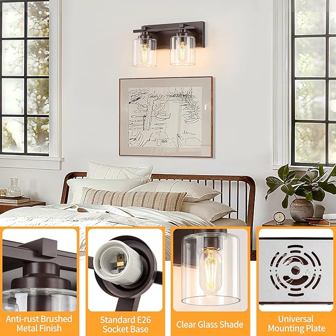 2 Light Modern Bathroom Light Fixtures Over Mirror, Bronze Finish Vanity Lights for Bathroom Wall Sconces with Clear Glass Shades, E26 Socket (Bulbs Not Included)