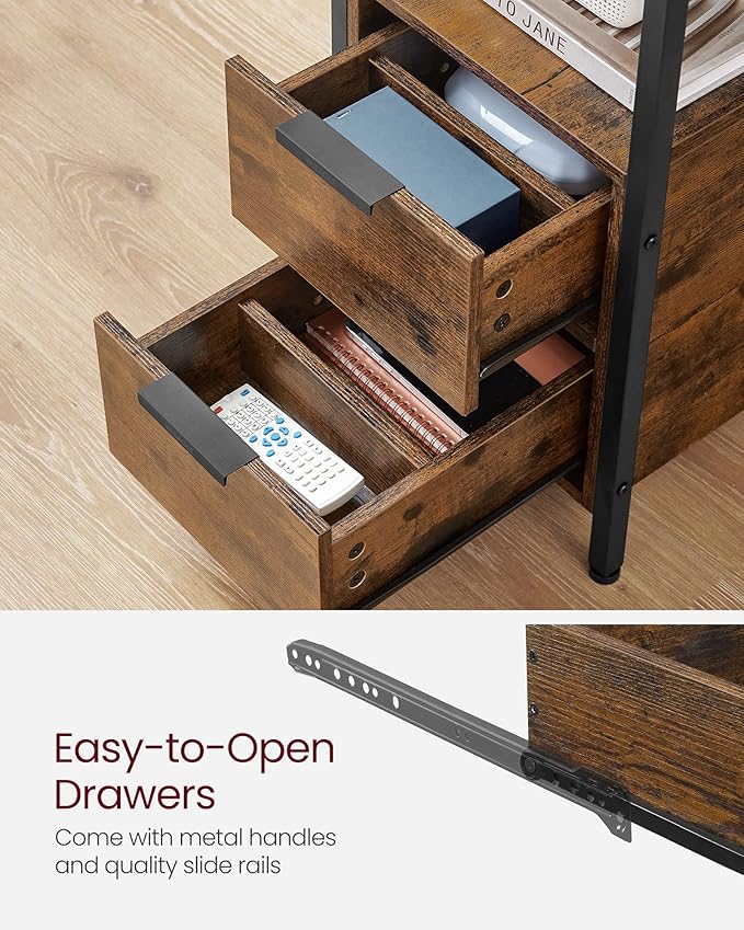 VASAGLE Side End Table with Charging Station, Slim Nightstand with 2 Drawers, Narrow Bedside Table for Living Room, Small Spaces, Rustic Brown and Ink Black ULET321B01