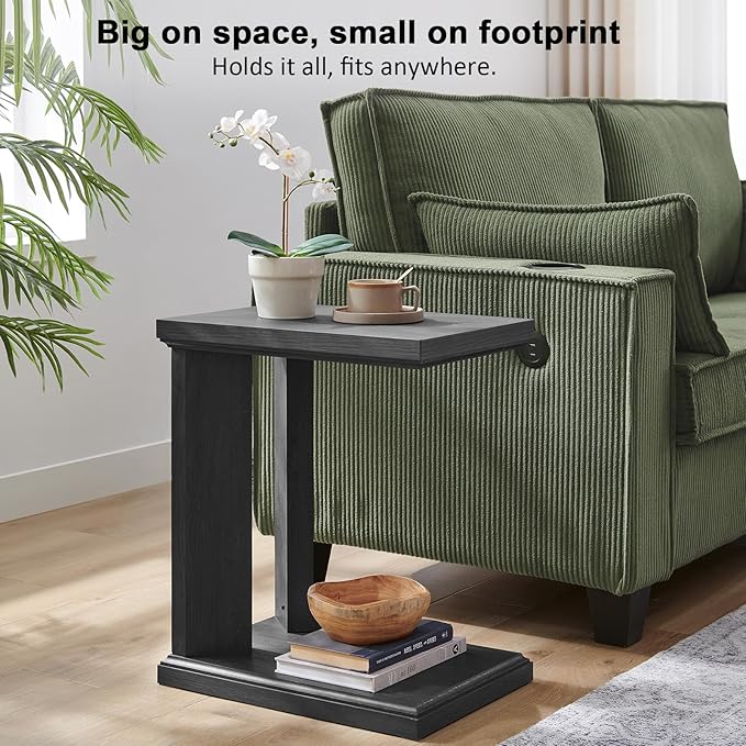 C Shaped End Table for Couch, 23.2'' High Small Side Table 2-Tier C Shaped Sofa Table for Small Narrow Spaces, Modern Nightstand for Bedroom, Living Room, Apartment, Home Office, Dark Grey
