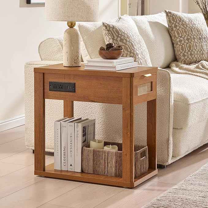 LEYAOYAO Narrow Side Table Set 2 with Charging Station, 24x14''Rattan Night Stand with Drawer Storage,Bedside End Table with Metel Handle for Small Spaces, Wood Boho Nightstand for Living Room Bedroom