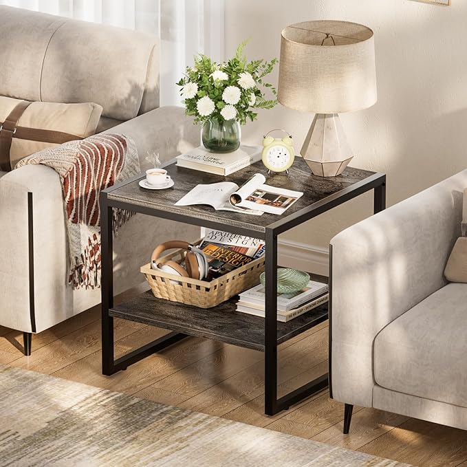 Homieasy End Table, 20 Inch Square End Table, Mini Fridge Stand with 2-Tier Storage Shelves, Industrial Wood Side Tables for Living Room, Black Oak