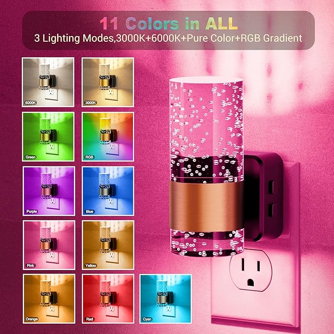 JandCase Night Lights Plug into Wall,2 Pack Color Changing Night Light for Kids with 1 Remote Control, 3000K+RGB LED Nightlight with Light Sensor, 10/50/100LM Adjustable for Rooms Home Decor