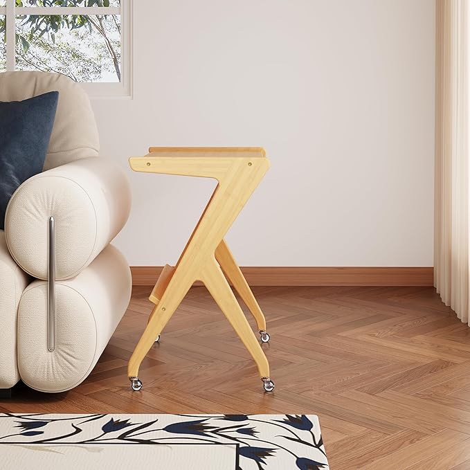 ZIYOO Solid Wood Mobile Side Table with Lockable Wheels, Multi-Functional Rolling End Table & Nightstand for Bedroom/Living Room, Small Spaces, Natural Bamboo