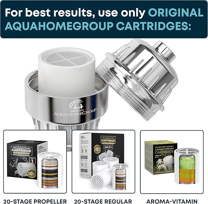 AquaHomeGroup Shower Head Filter for Hard Water – 20-Stage + 5 Replacement Cartridges – Removes Chlorine, Fluoride, and Other Chemicals – Vitamin C, E & A Shower Filter for Glowing Skin & Hair