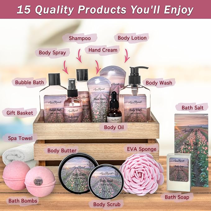 Bath Spa Gift Sets - Luxury Basket With Rose Oil & Orchid - Spa Kit Includes Wash, Bubble Bath, Lotion, Bath Salts, Body Scrub, Body Spray, Shower Puff, Bathbombs, Soap and Towel