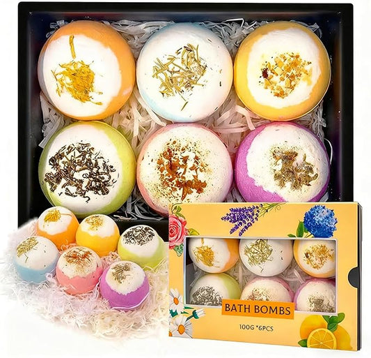 Bath Bomb Gift Set 6 Pack Natural Plant Aromatherapy Essential Oil Steam Bath Ball Relaxing Moisturizing Bath Ball Christmas Holiday SPA Gift 100g