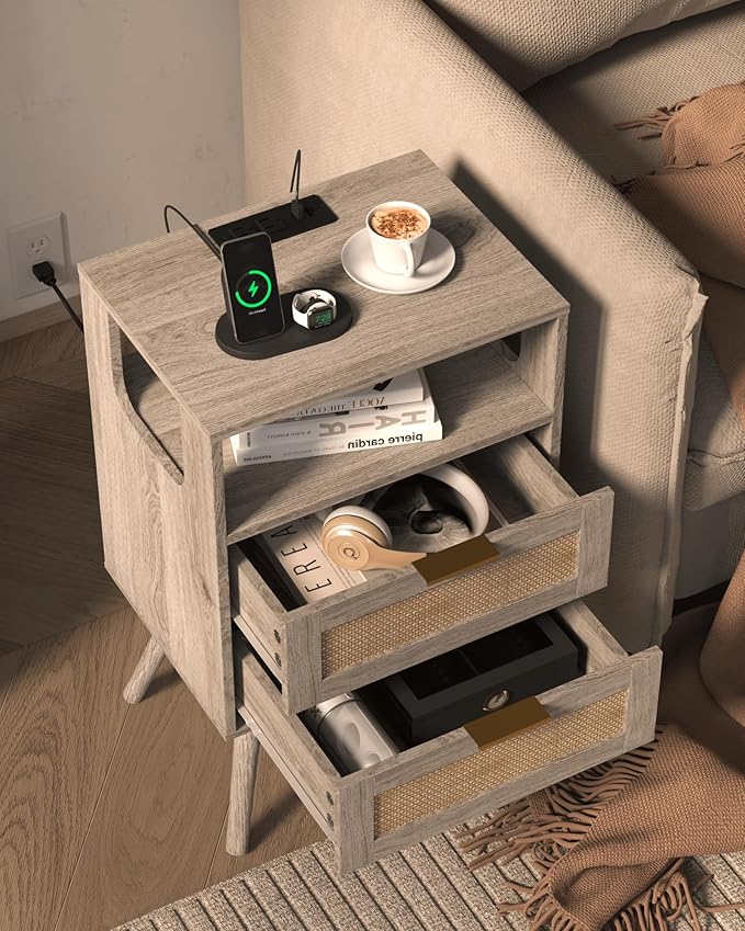 Rattan Nightstand with Charging Station,Modern Bedside Table with 2 Storage Drawer and Open Wood Shelf, for Bedroom and Small Spaces,Night Stand with Solid Wood Legs (Grey Oak)