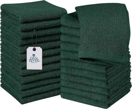 DAN RIVER 24 Pack Wash Cloths for Showering [12x12] - 100% Cotton Washcloths Premium Quality Flannel Face Cloths for Bathroom, Highly Absorbent and Soft Feel Wash Clothes, Huntergreen