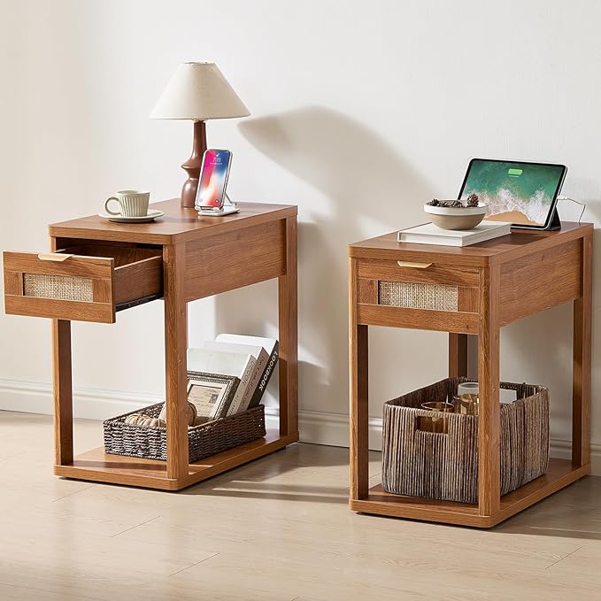 LEYAOYAO Narrow Side Table Set 2 with Charging Station, 24x14''Rattan Night Stand with Drawer Storage,Bedside End Table with Metel Handle for Small Spaces, Wood Boho Nightstand for Living Room Bedroom