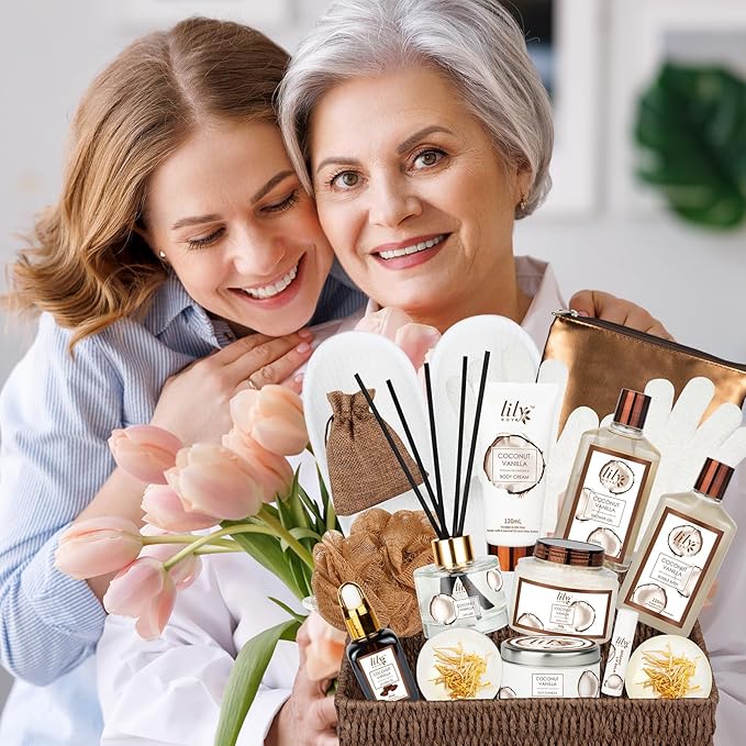 Bath and Body Gift Basket Set for Women - Coconut Vanilla Christmas Gifts for Women, Spa Gift Basket 17-Piece Bath Gift Set Self Care Gifts for Mothers Day, Fathers Day, Birthday Gifts for Her & Him