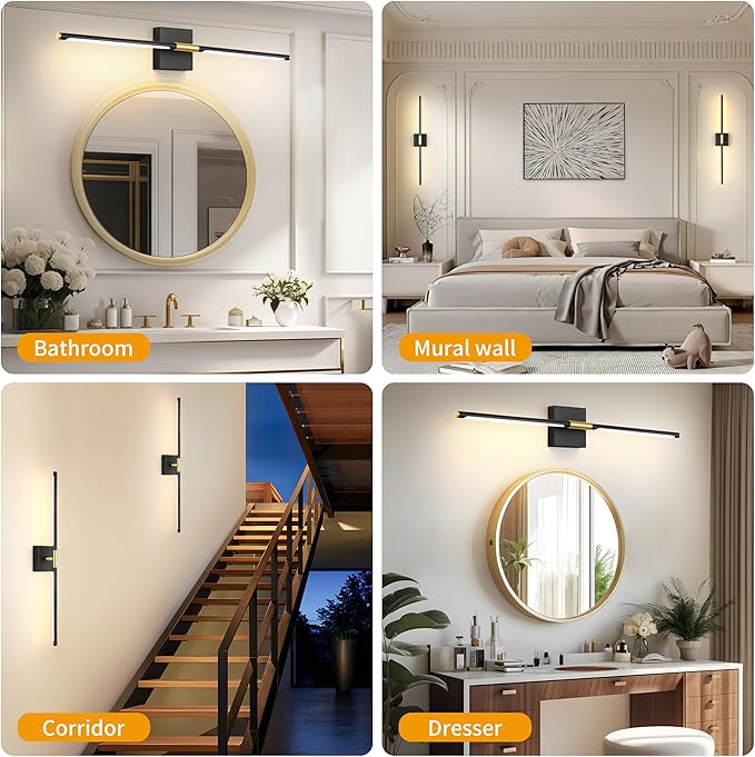 Battery Operated Wall Sconces Set of 2, Dimmable Battery Wall Sconce with Remote Control, Black Gold LED Rechargeable Sconces, 24 Inch Modern Wireless Wall Lights for Bedroom, Living Room