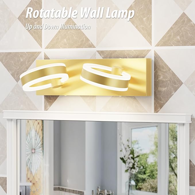 LED Bathroom Light Fixtures,15inch Gold Vanity Lights, Modern 2 Light Acrylic Wall Sconces, 350° Rotatable Wall Lighting Fixture Over Mirror