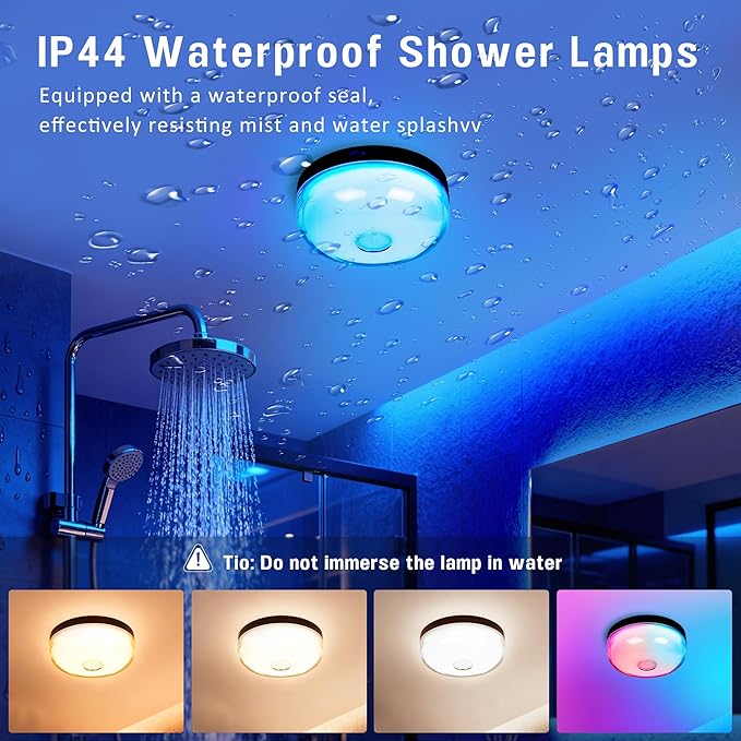 Loscarol 2-Pack Rechargeable Shower Light with Remote, 15 RGBW Color Changeable Shower Lamp Waterproof, Dimmable ＆Timer Ceiling Light, Wireless LED Mood Lighting for Bathroom, Closet, Bedroom, Party