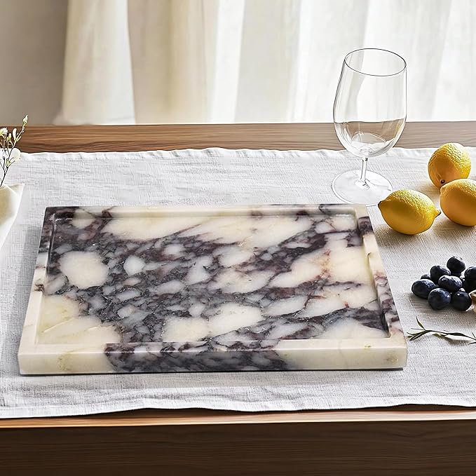 100% Real Luxury Natural Marble Vanity Tray Genuine Calacatta Viola Marble Stone Storage Trays for Home Decor Bathroom Vanity Dresser Kitchen, Non-Resin/Non-Ceramic, 11.7" x 7.8"