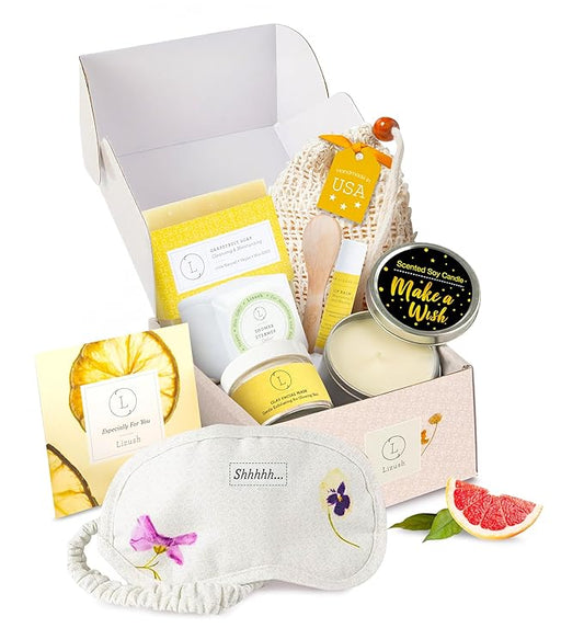 Lizush Luxury Spa Gifts for Women – 7 Piece Citrus Spa Gift Set with Candle, Gift Baskets for Women, Body Care Set for Mom, Birthday Box, Relaxation & Self Care Spa Kit for Wife – Handmade in the USA