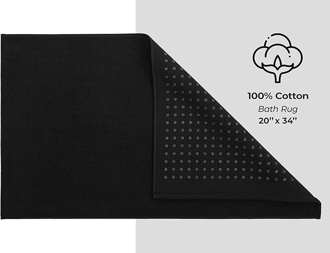 American Soft Linen Bath Rug, 20 in 34 in 100% Cotton Bath Mats Rugs for Bathroom, Slip Reducer Washable Shaggy Form Area Rugs, Black Bath Rug