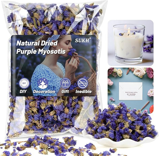 Sukh Dried Deep Purple Myosotis - Natural Dry Flowers and Herbs 3oz Bulk Don't Forget Me Flower for DIY Sachets,Soap,Candle,Bath Bombs Making and Wedding Party Decoration