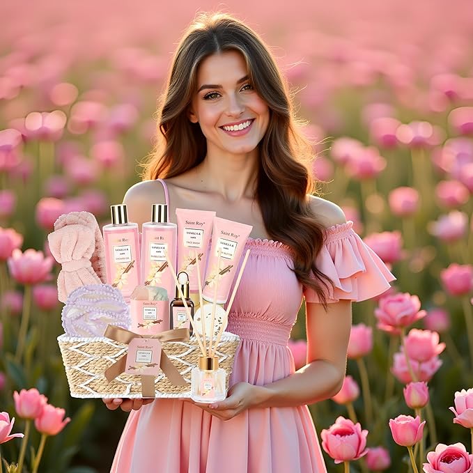 Bath and Body Gift Baskets for Women, 12 Pcs Vanilla Oat Spa Gifts for Women. Bath Gift Set Enriched Shea Butter. Home Spa with Shower Gel, Body Oil, Saint Roy Gifts for Mom