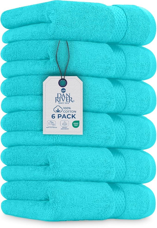 DAN RIVER 6-Pack Premium Hand Towels (16x28 Inches) - 100% Cotton, Ultra Soft, Lightweight, Highly Absorbent Towels for Bathroom, Spa, Gym, Salon, Hotel, and Travel - 550 GSM – Turquoise