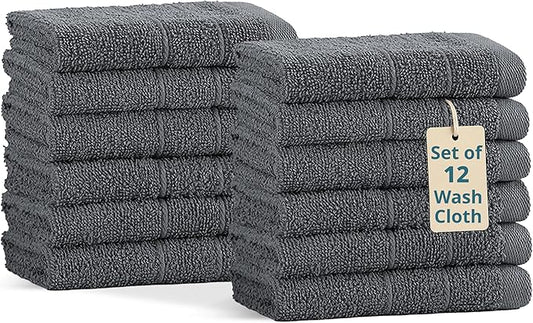 Casa Platino Wash Cloths Set of 12- Spa & Salon Quality - 100% Ring Spun Cotton Face Towels - Soft & Ultra Absorbent Washcloths for Body, Beauty, Home, Gym - Fingertip Towels - 13"x13", Cool Grey