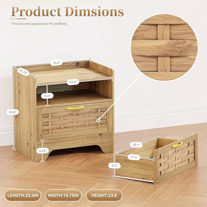 24" Rattan Nightstand with Storage Drawer, Oak Bedside Table with Semi Open Cubby, Boho Night Stand with Farmhouse Arched Base for Bedroom, Side Table, End Table for Dorm