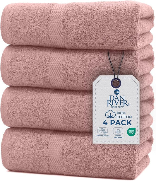 DAN RIVER Bath Towels Set of 4, 27 x 54 Inches, 100% Cotton, Larger & Lighter Weight, Quicker to Dry, Super Soft and Absorbent, Ideal Cotton Towels for Daily Use, Dusty Rose