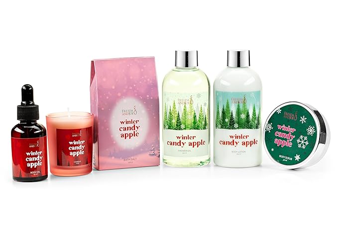 Bath and Body Gift Set for Women with Shower Gel, Body Lotion, Body Scrub, Body Oil, Bath Salt, and Scented Candle – Perfect Spa Gift (Winter Candy Apple)