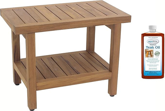 AquaTeak The Original 24" Spa Teak Shower Bench with Shelf (Bench + Teak Oil)