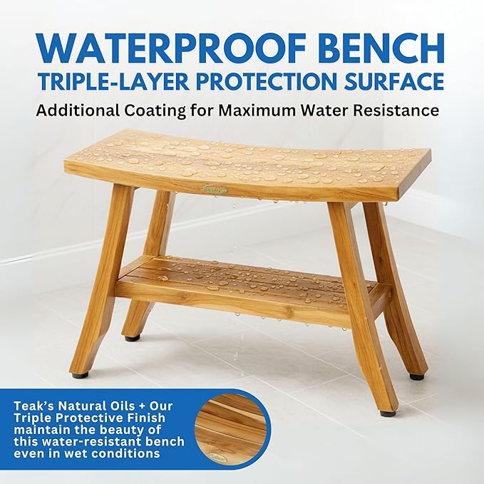 EcoDecors 34 Inch Satori Natural Teak Waterproof Teak Wood Shower Bench Stool Seat Chair For Inside Shower Provides Safety, Storage, and Organization For Bathroom Accessories