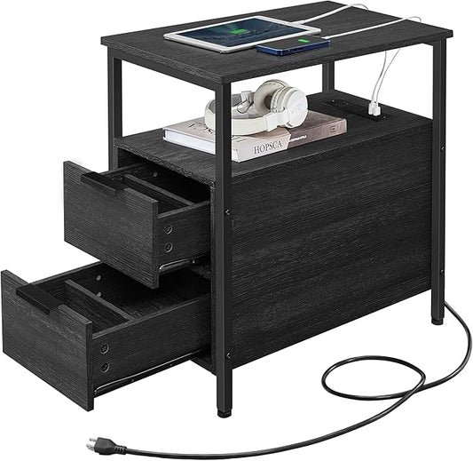 VASAGLE Side End Table with Charging Station, Slim Nightstand with 2 Drawers, Narrow Bedside Table for Living Room, Small Spaces, Charcoal Gray and Ink Black ULET321B22