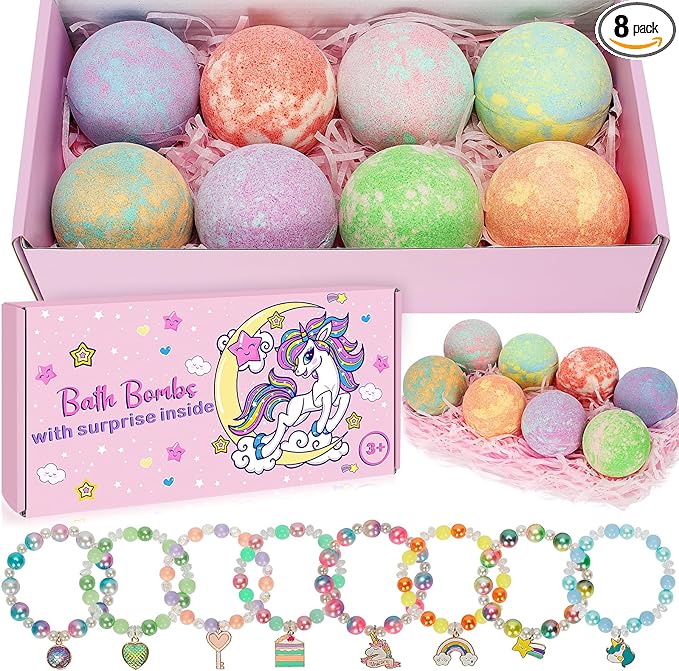 Unicorn Bath Bombs for Kids Girls with Surprise Inside, 8 Pcs Natural Fizzy Princess Bubble Bath Bomb Kit with Toys, Birthday Gift for 3 4 5 6 Year Old Girl