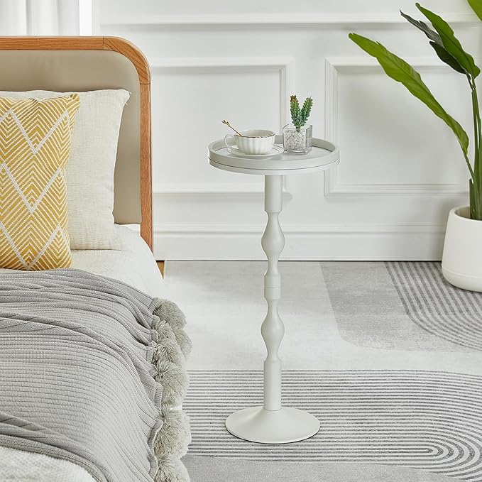 Small Round Drink Table,Pedestal Tables,Small Round Side Table for Narrow Spaces,End Table for Living Room, Bedroom, Bathroom,Balcony (White)