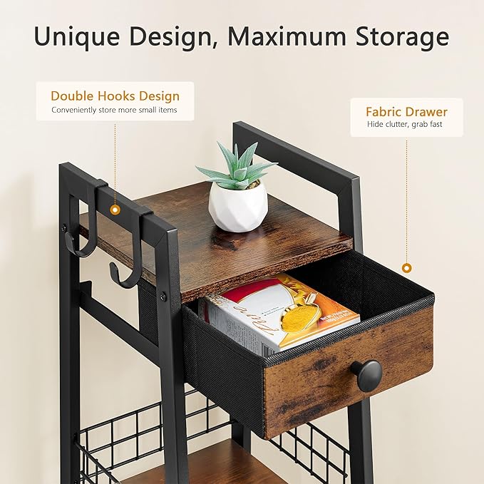 3-Tier Narrow Bathroom Ladder Shelf with Drawer, Bathroom Floor Storage Shelf, Freestanding Tower Shelf Ladder Bookshelf Brown